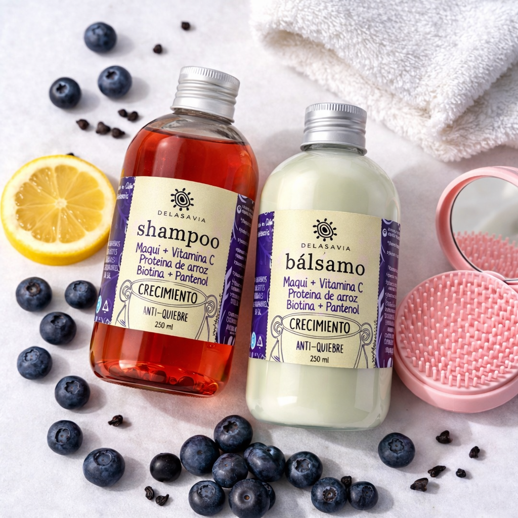PACK CRECIMIENTO, ANTIQUIEBRE Y VITAMINA C: shampoo+ bálsamo maqui + peine antiquiebre de REGALO