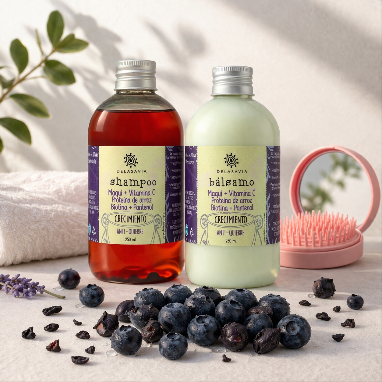 PACK CRECIMIENTO, ANTIQUIEBRE Y VITAMINA C: shampoo+ bálsamo maqui + peine antiquiebre de REGALO