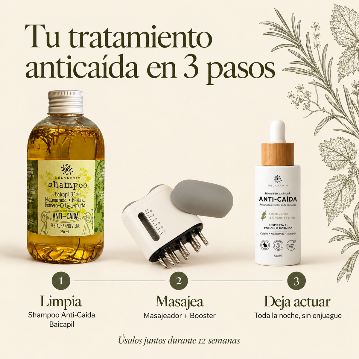 Rutina anticaída en 3 pasos: Shampoo Baicapil, Masajeador y Booster Anti-Caída DELASAVIA