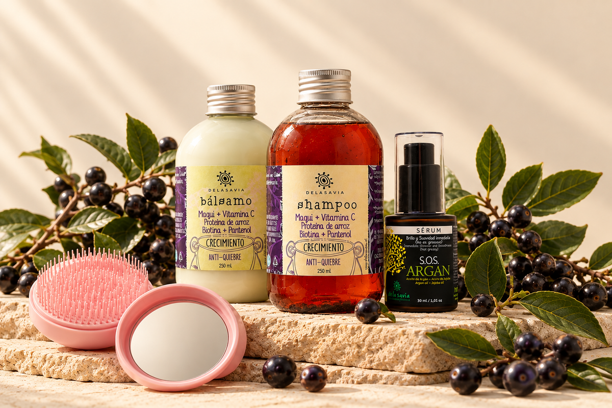 Shampoo, bálsamo y sérum Crecimiento DelaSavia con maqui, vitamina C y biotina para pelo quebradizo