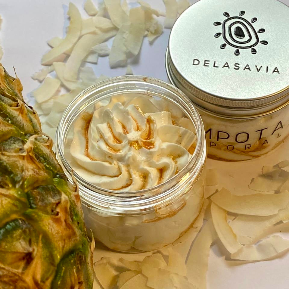 Compota corporal coco vainilla, REAFIRMANTE con Cafeína y rosa mosqueta.