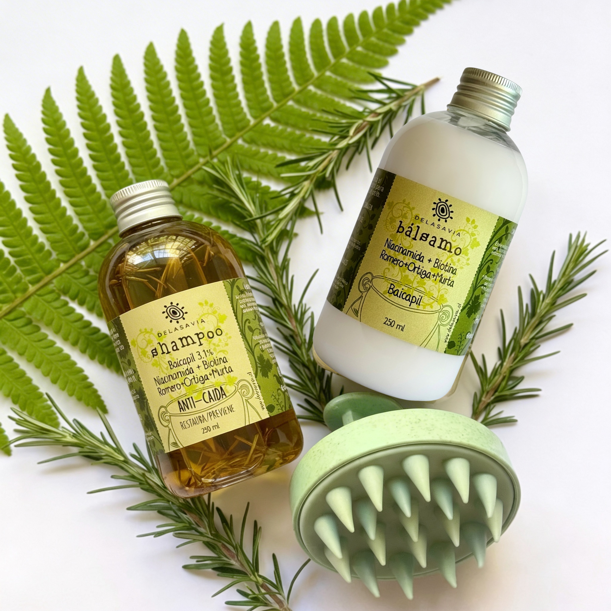 TRATAMIENTO ANTI-CAÍDA 1: shampoo  + bálsamo (Romero BAICAPIL)+ peine activador