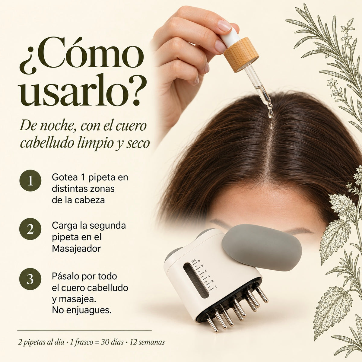 Cómo usar el Booster Anti-Caída: 2 pipetas al día en el cuero cabelludo, con Masajeador, sin enjuague