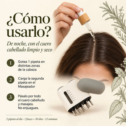 Cómo usar el Booster Anti-Caída: 2 pipetas al día en el cuero cabelludo, con Masajeador, sin enjuague