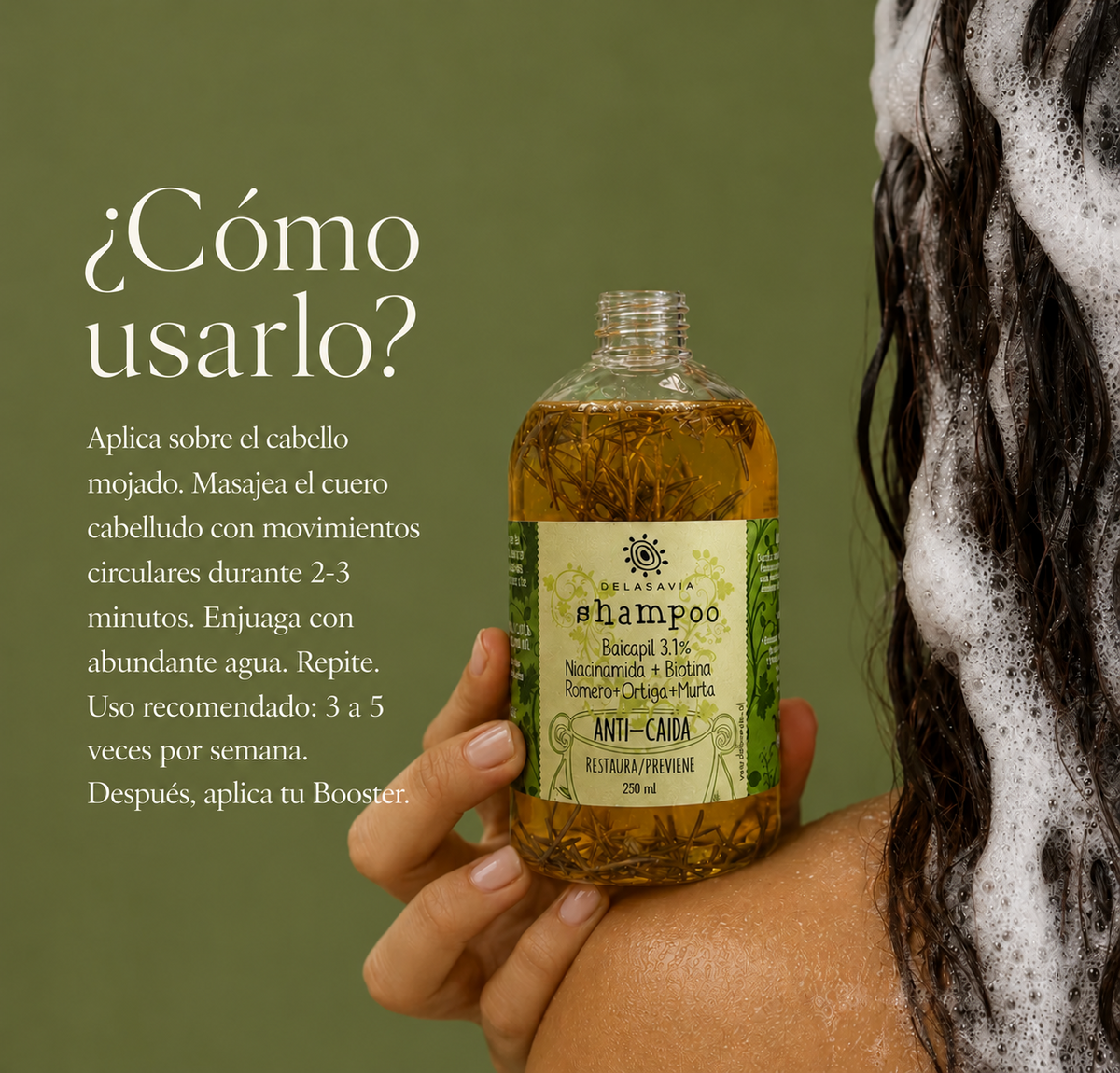 Cómo usar el Shampoo Anti-Caída Baicapil: masajear el cuero cabelludo, enjuagar y después aplicar el Booster