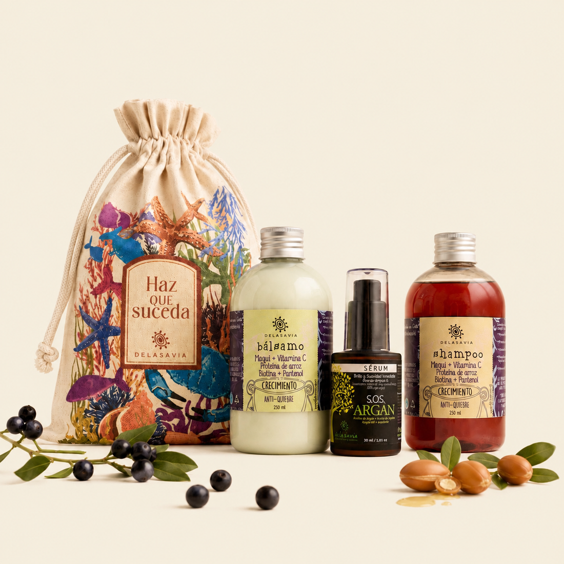 PACK CRECIMIENTO Y VITAMINA C: Shampoo+ bálsamo maqui + serum argán + bolsa GRATIS