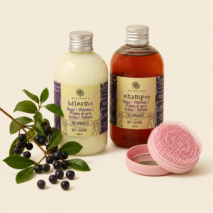 PACK CRECIMIENTO, ANTIQUIEBRE Y VITAMINA C: shampoo+ bálsamo maqui + peine antiquiebre de REGALO