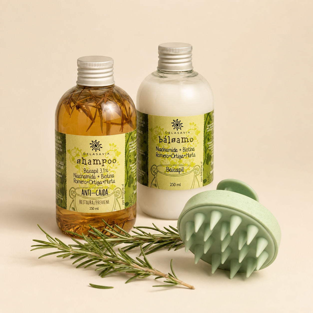TRATAMIENTO ANTI-CAÍDA 1: shampoo  + bálsamo (Romero BAICAPIL)+ peine activador