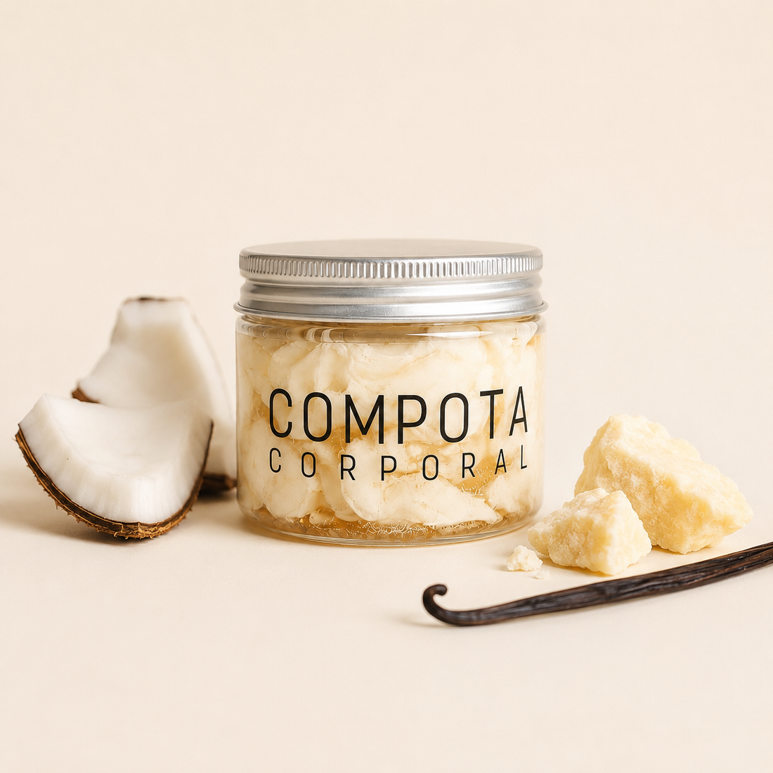 Compota corporal coco vainilla, REAFIRMANTE con Cafeína y rosa mosqueta.
