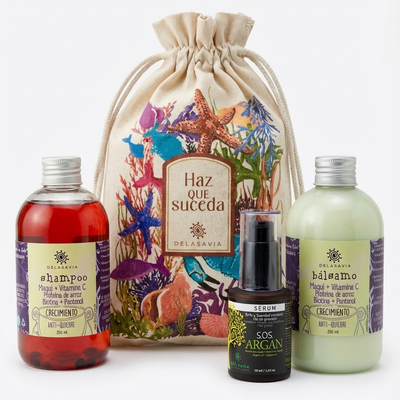 PACK CRECIMIENTO  & VITAMINA C: Shampo maqui + bálsamo maqui + serum argan + bolsa GRATIS